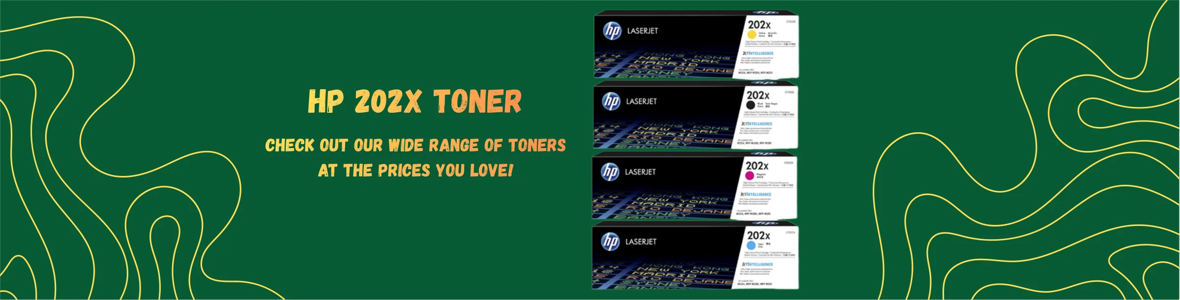HP 202X toner cartridges in black, cyan, magenta and yellow